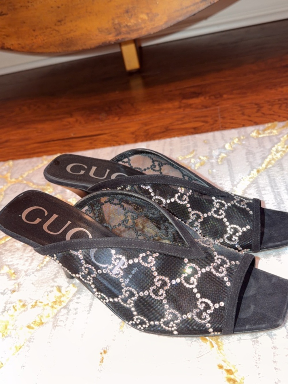Gucci Black Crystal-Trim Lace Peep-Toe Heels